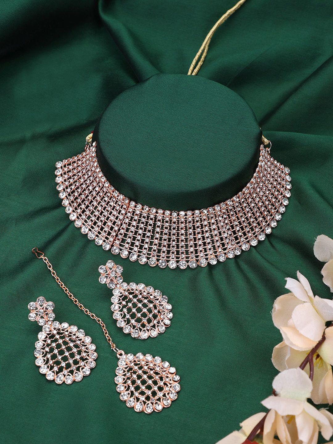 bhana fashion rose gold-plated american diamond-studded jewellery set