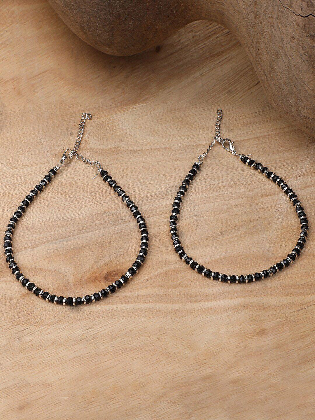 bhana fashion set of 2 oxidised silver-plated black beaded anklet