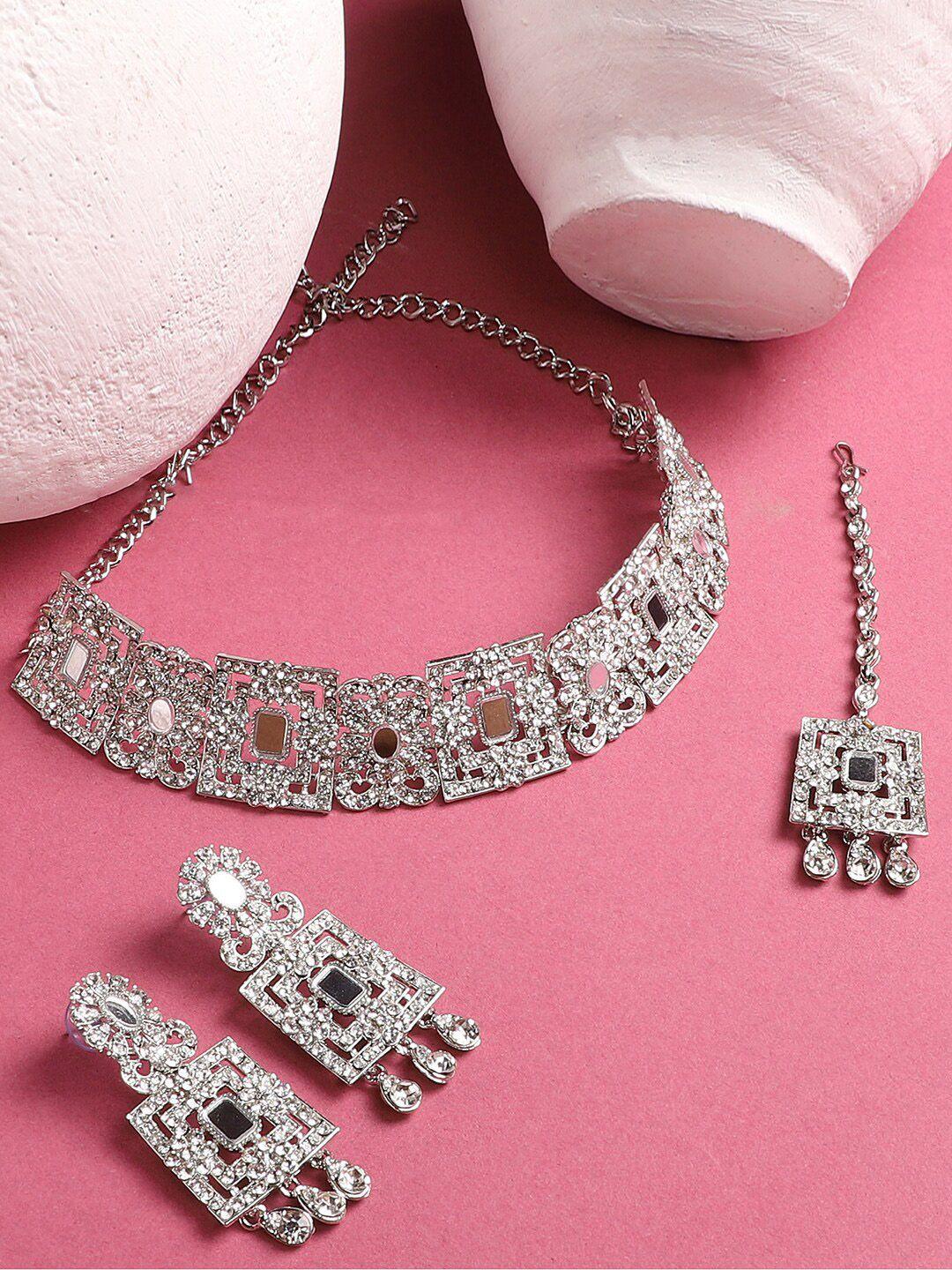 bhana fashion silver-plated & white american diamonds studded jewellery set
