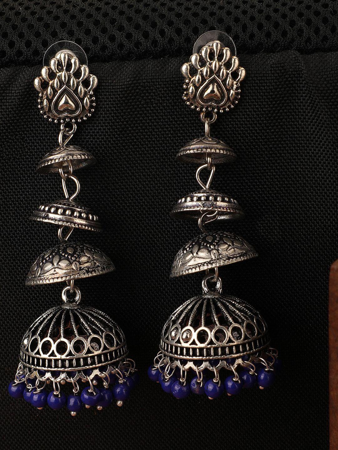 bhana fashion women silver-toned & blue contemporary jhumkas earrings