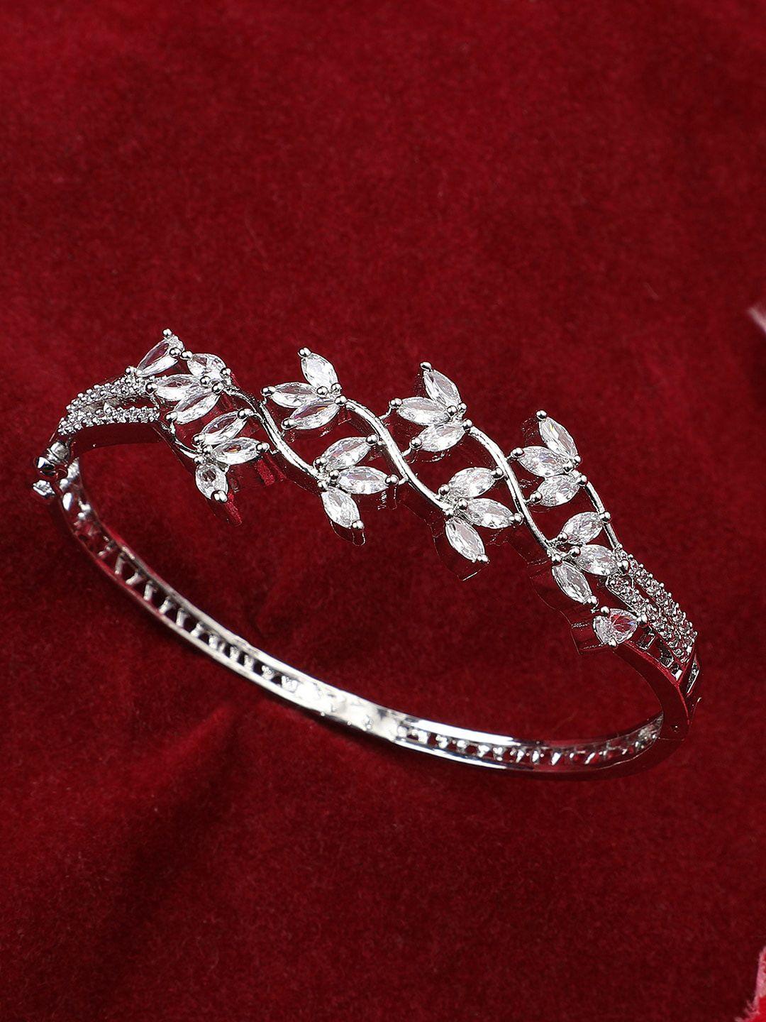 bhana fashion women silver-toned & white brass american diamond silver-plated bangle-style bracelet