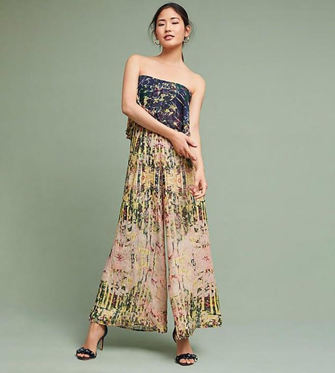 bhanuni navy blue & yellow floral earson strapless jumpsuit
