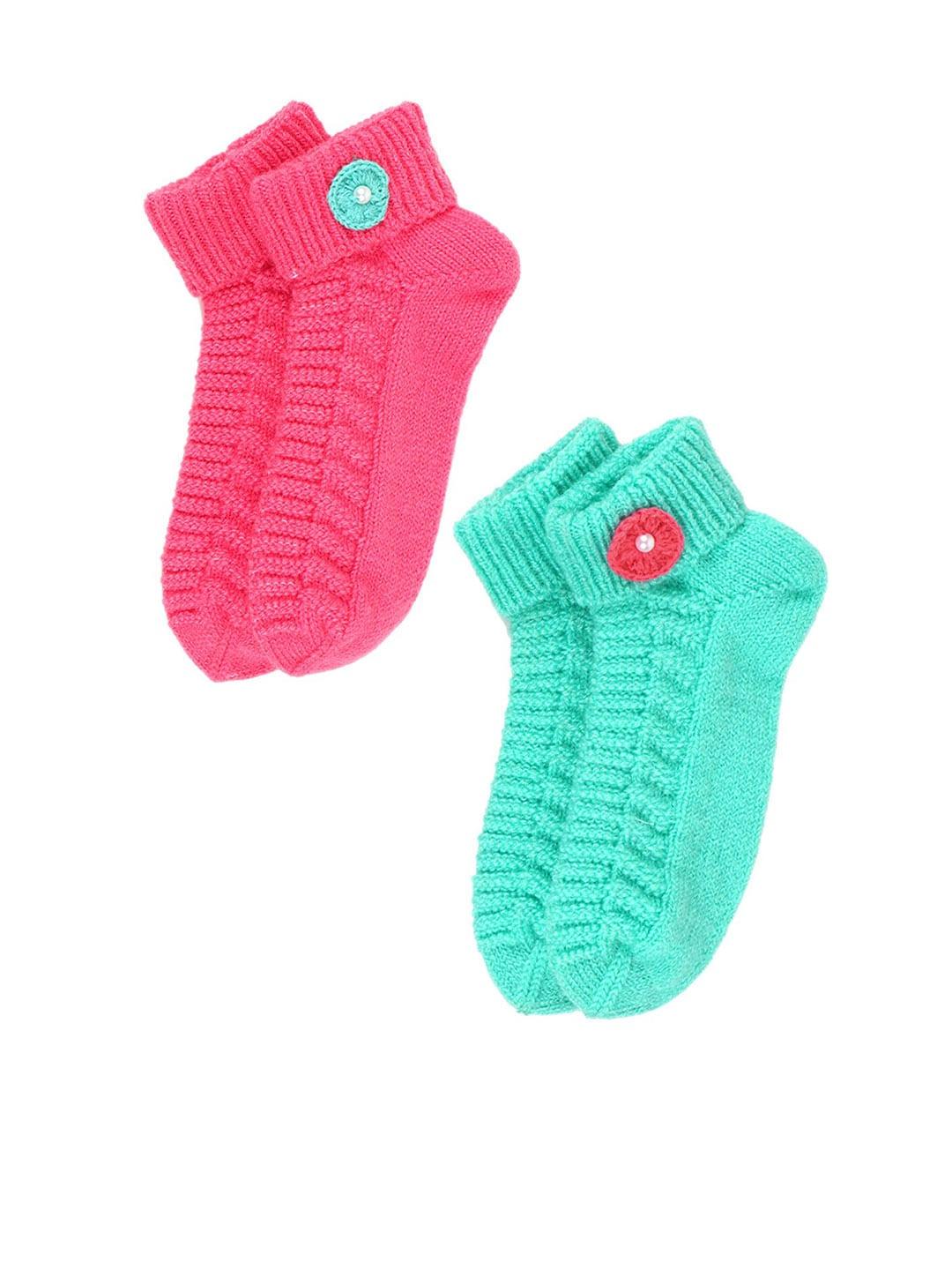bharatasya girls pack of 2 pink & turquoise blue self design acrylic ankle-length socks