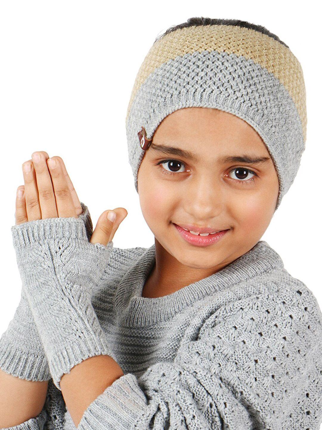 bharatasya girls grey & brown self design beanie