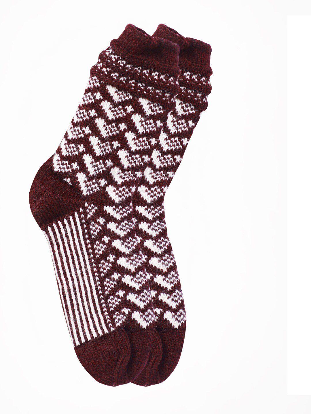 bharatasya girls maroon & white patterned calf length winter socks