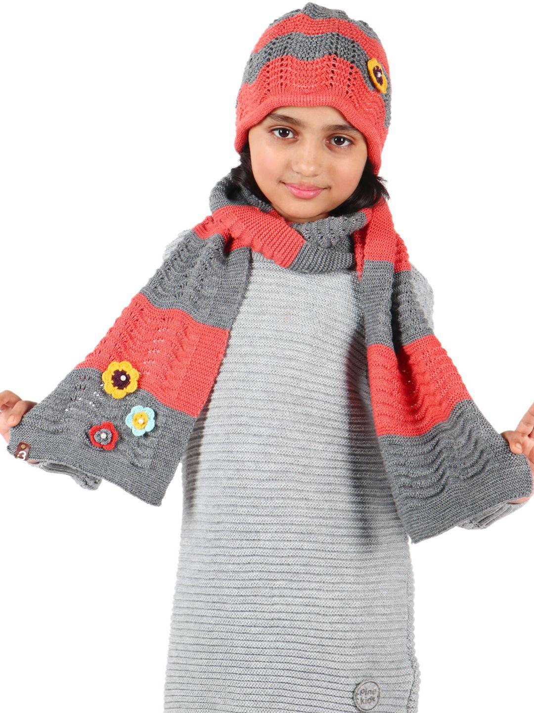 bharatasya girls orange & grey colourblocked beanie & muffler