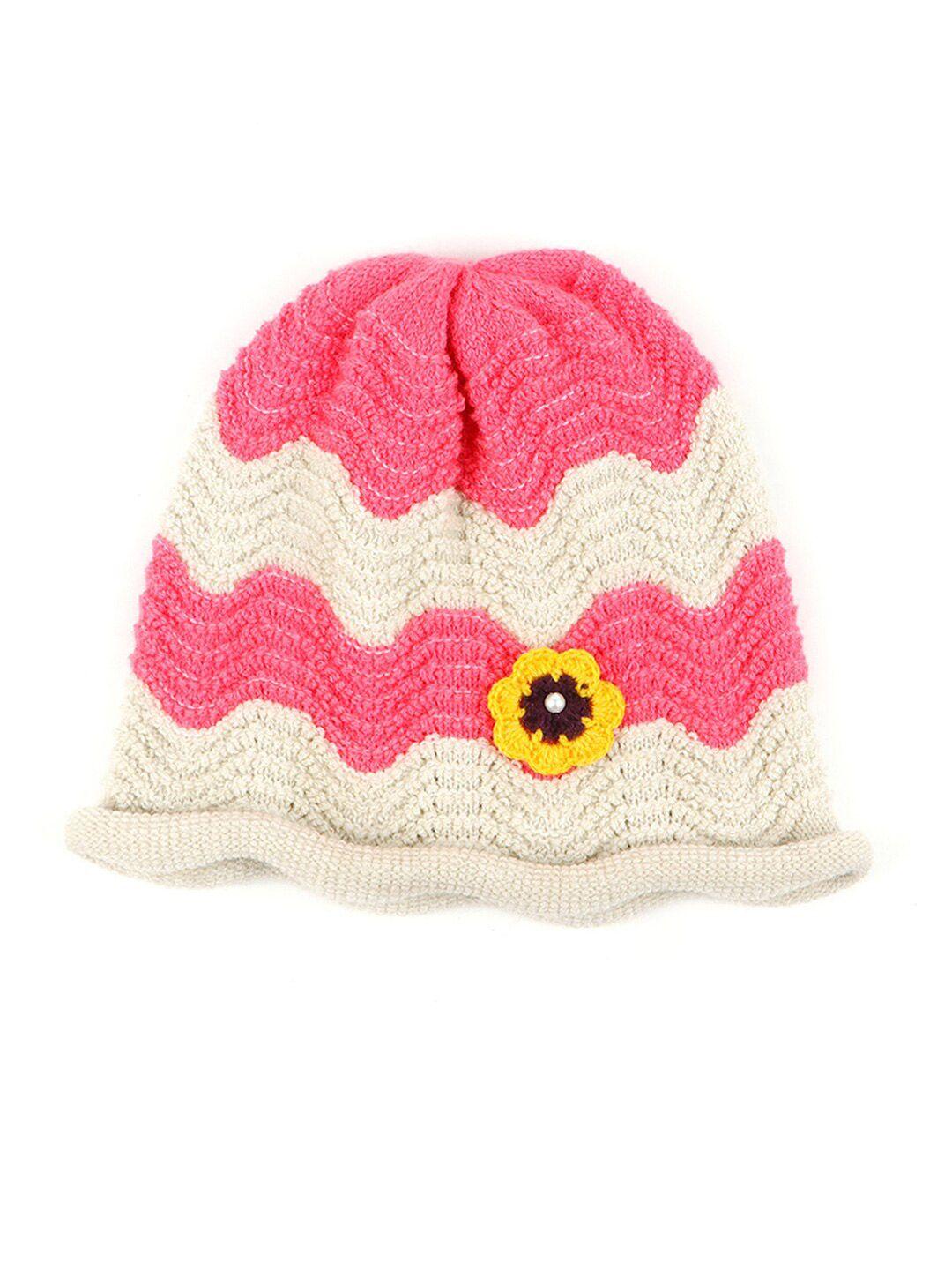 bharatasya girls pink & cream-coloured colourblocked beanie