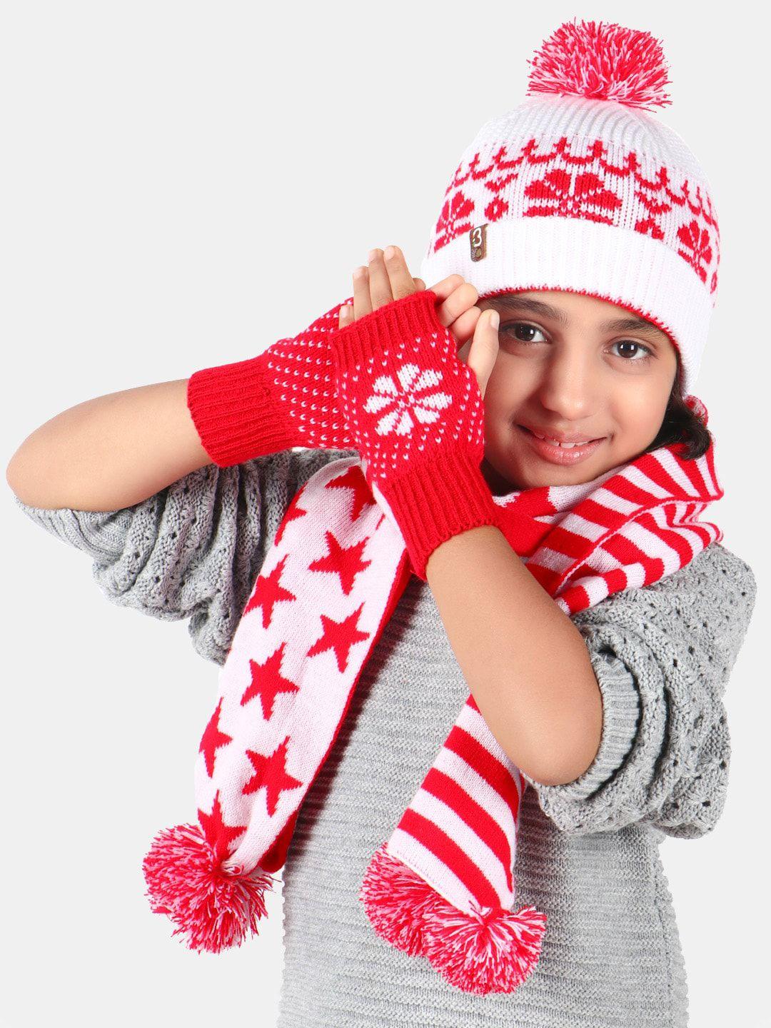 bharatasya kids pack of 3 self design acrylic thermal gloves with muffler & cap