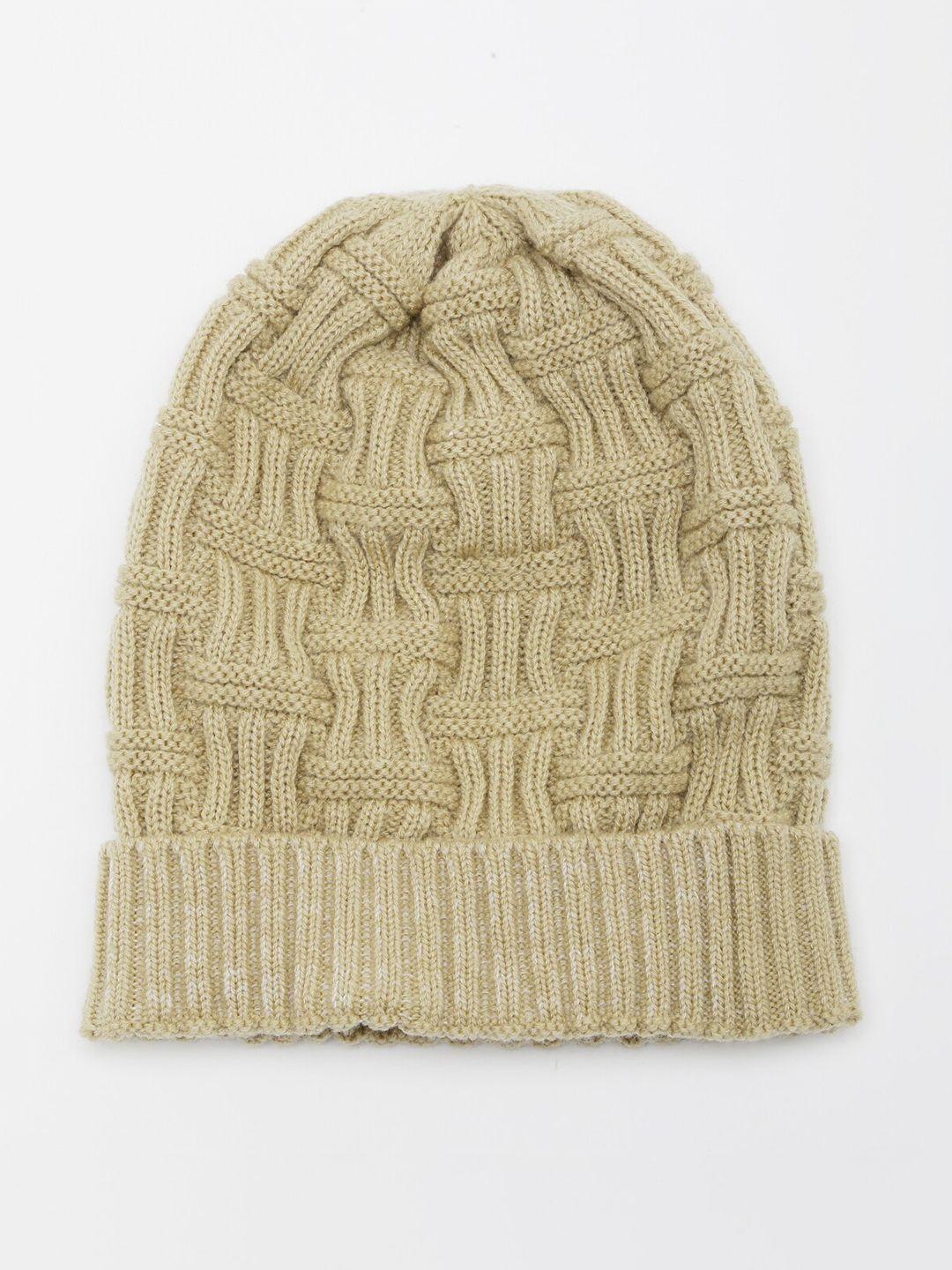 bharatasya men beige self design acrylic wool beanie