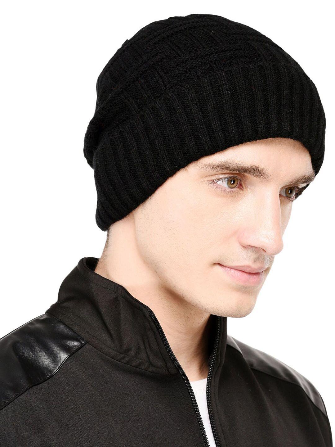 bharatasya men black solid acrylic beanie cap