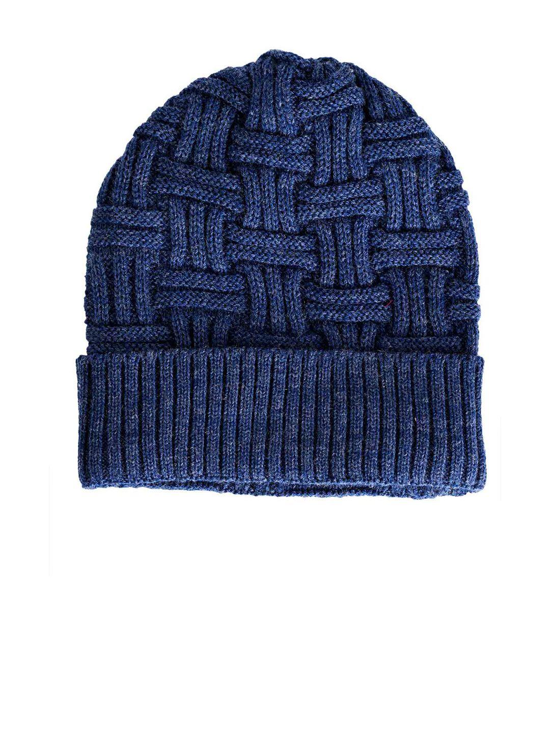 bharatasya men blue self design knitted beanie