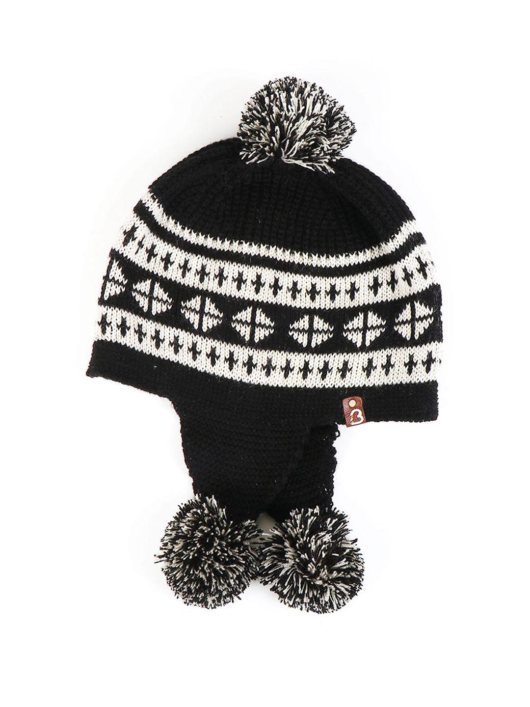 bharatasya unisex kids black & off white printed acrylic beanie cap