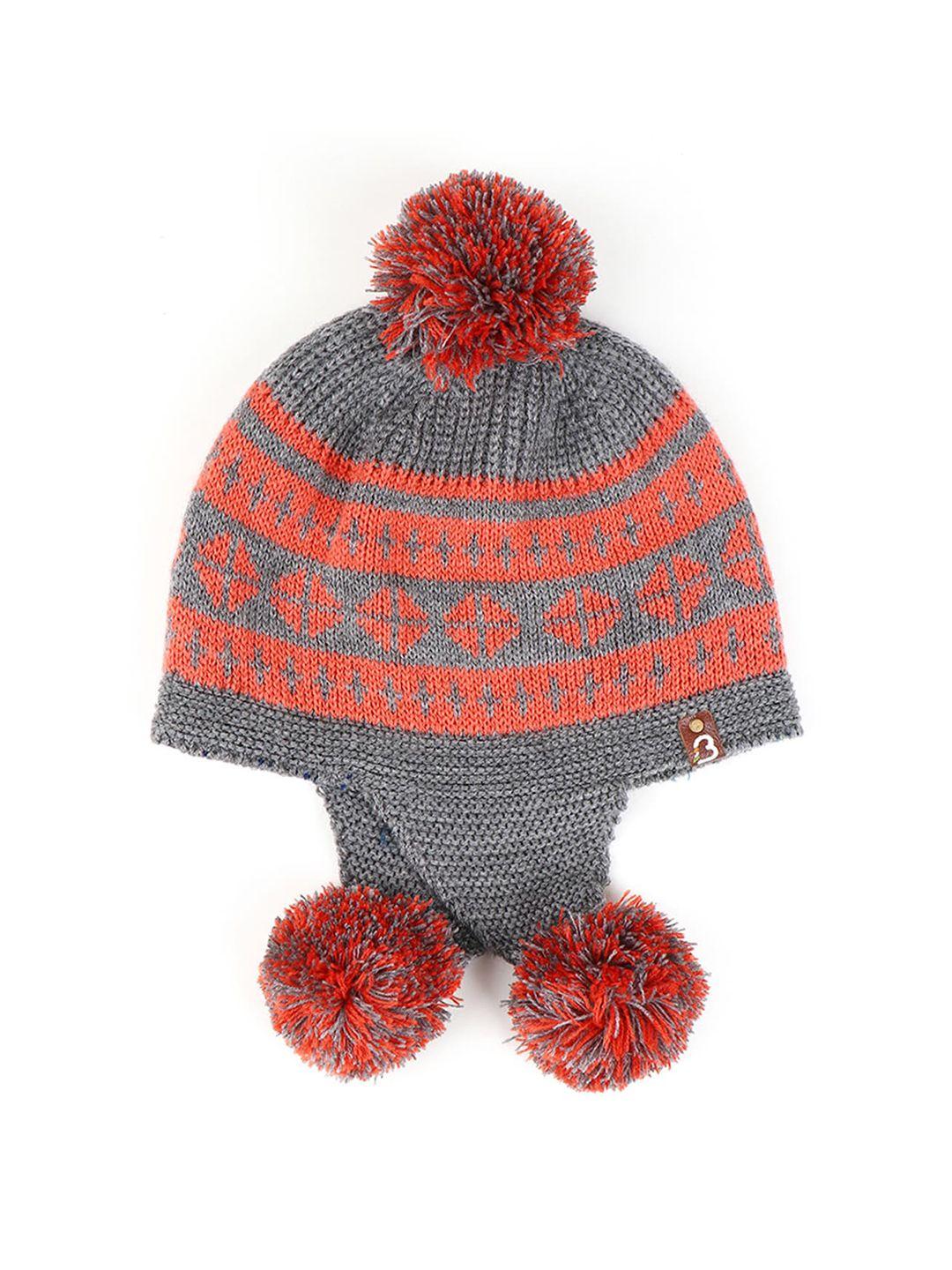 bharatasya unisex kids grey & orange  printed acrylic beanie cap