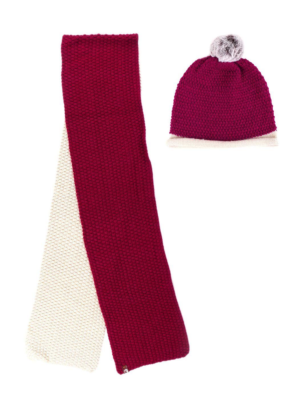 bharatasya unisex kids maroon & pink solid beanie cap and muffler