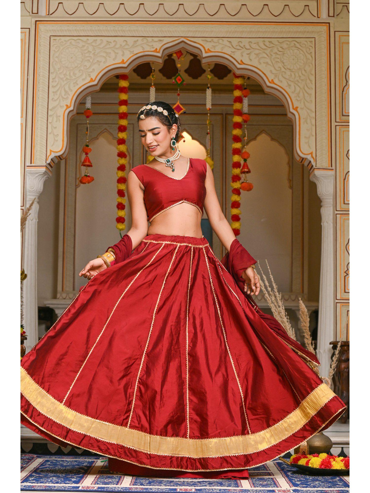 bhavini red semi-stitched lehenga with unstitched blouse & dupatta (set of 3)