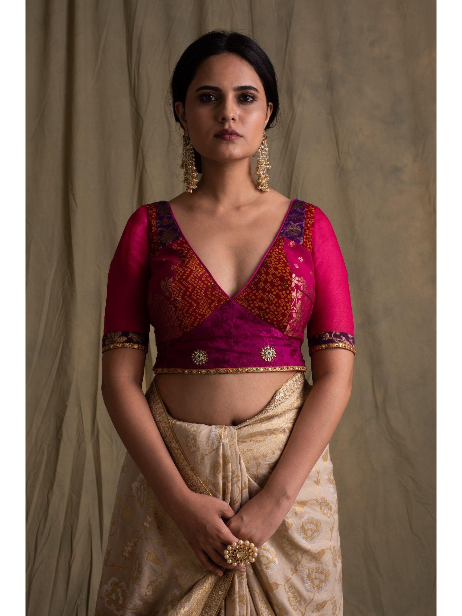 bhavya pink and red silk brocade blouse