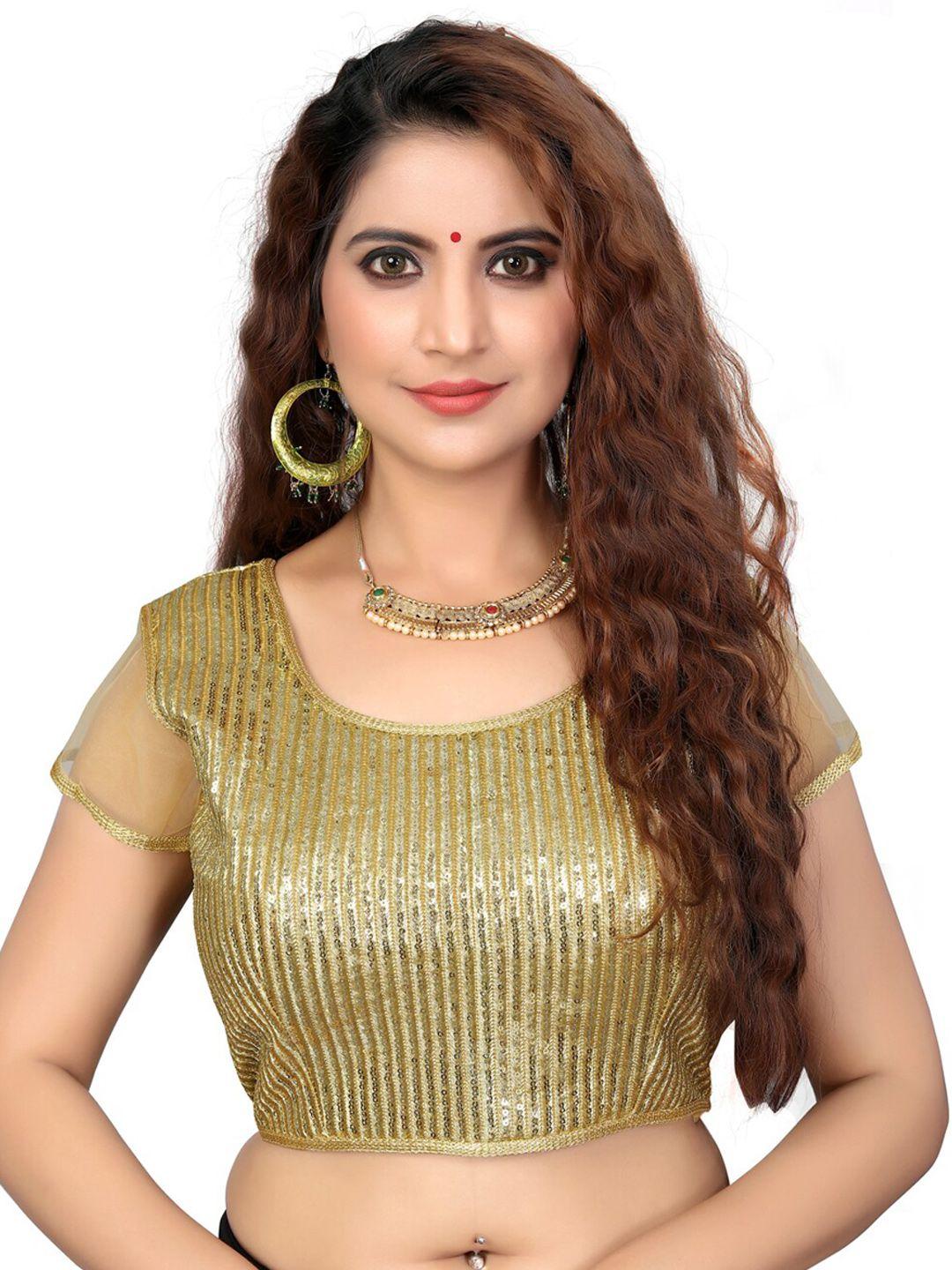bhavyam embroidered sequinned round neck silk saree blouse