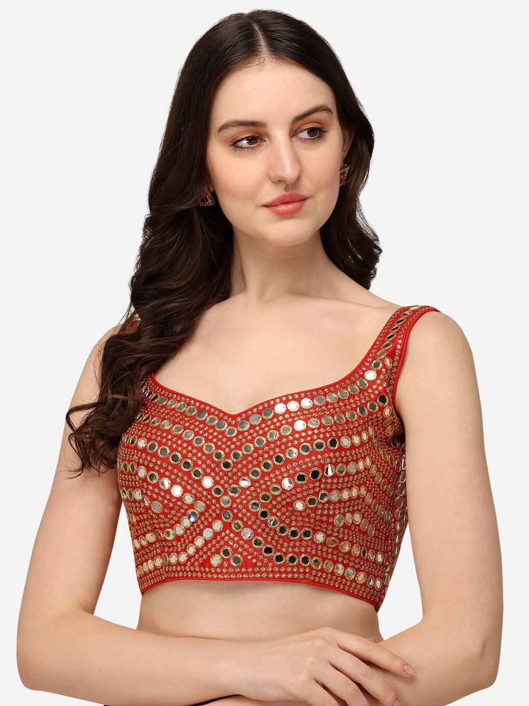 bhavyam embroidered sweetheart neck mirror work silk saree blouse