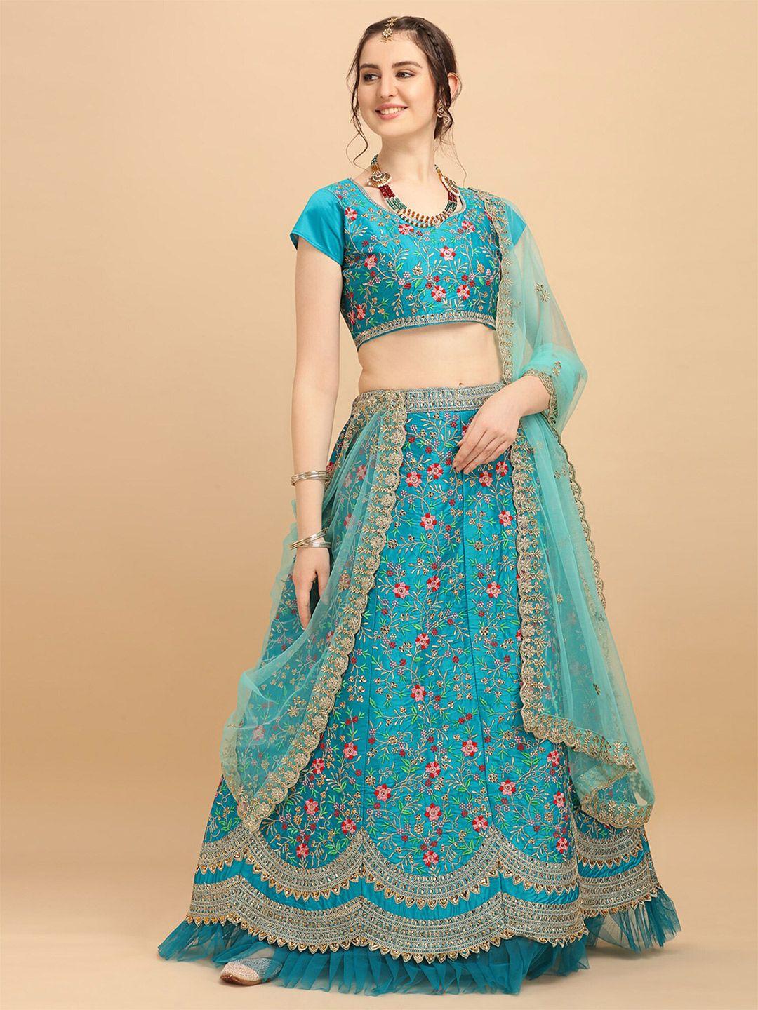 bhavyam embroidered thread work semi-stitched lehenga & unstitched blouse with dupatta