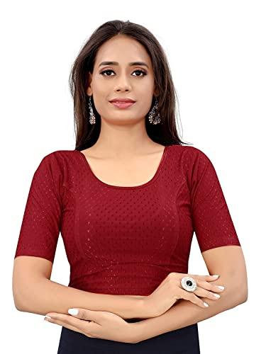 bhochi round neck dobbycotton lycra stretchable elbow sleeve readymade blouse for women, maroon