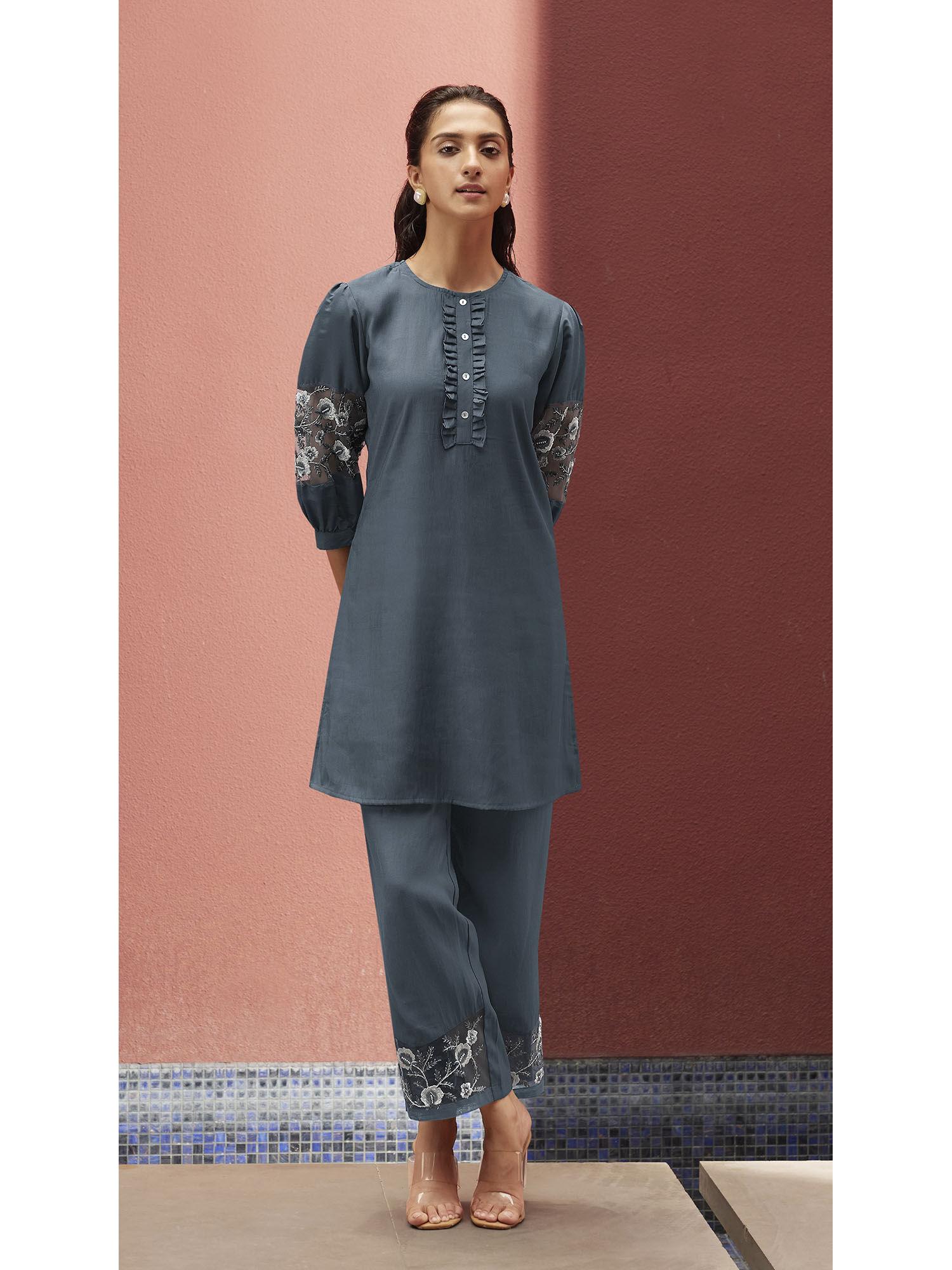 bhumi grey embroidery co-ord kurti with pants (set of 2)