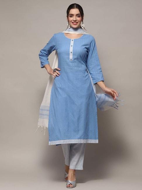 biba blue cotton embroidered unstitched dress material