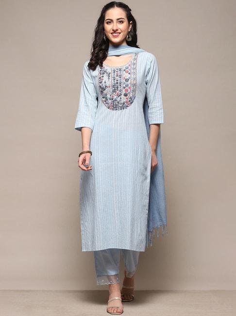 biba blue embroidered unstitched dress material