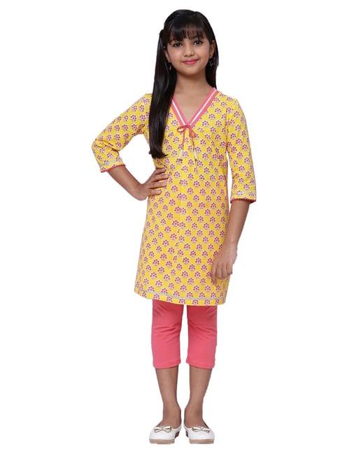 biba girls yellow & pink printed kurta with leggings