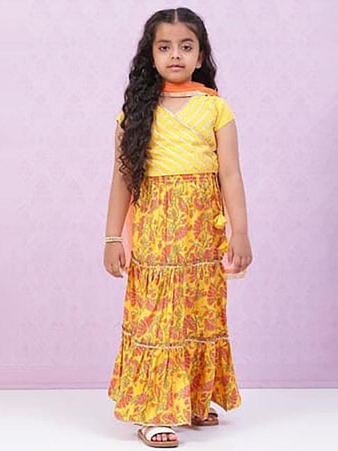 biba girls yellow floral print blouse, lehenga with dupatta