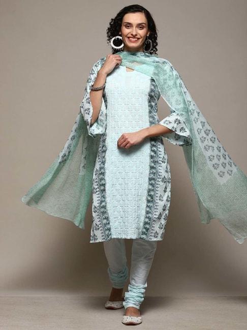 biba green cotton embroidered unstitched dress material