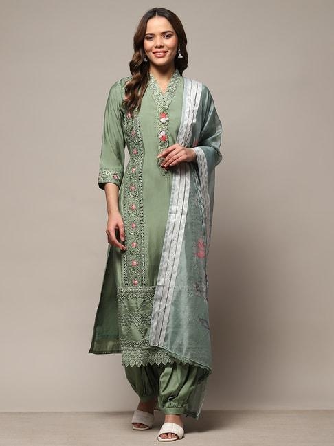 biba green embroidered unstitched dress material