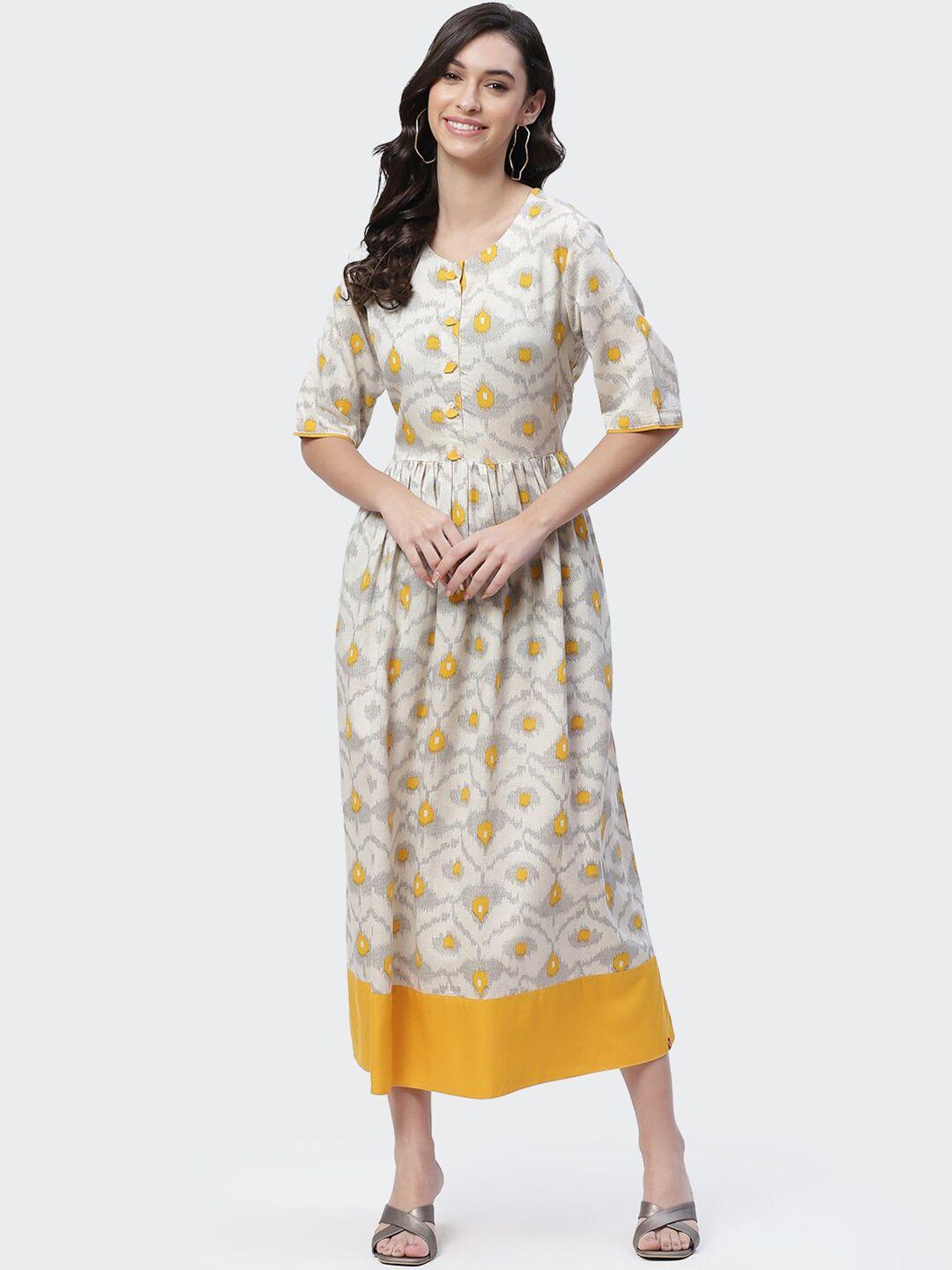 biba off white & yellow floral ethnic midi dress
