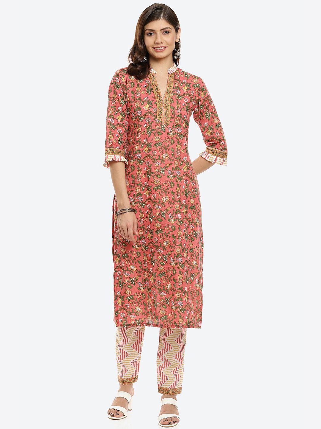 biba pink & green printed pure cotton unstitched dress material
