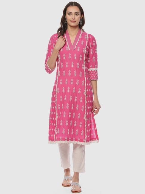 biba pink cotton embroidered straight kurta