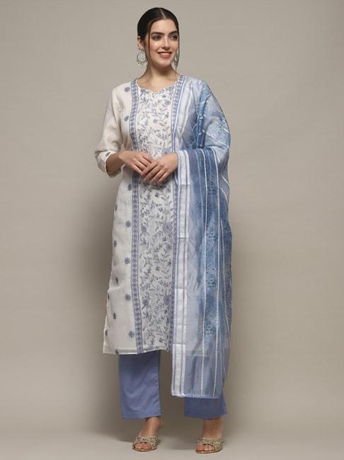 biba white & blue cotton embroidered unstitched suit set