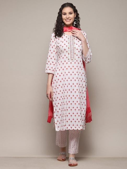 biba white & pink cotton embroidered unstitched dress material