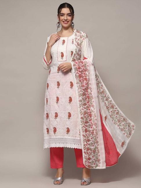 biba white & pink cotton embroidered unstitched dress material