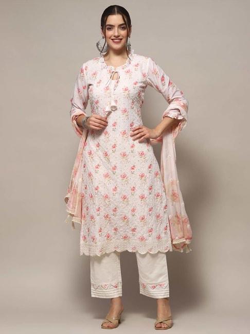 biba white & pink cotton floral print unstitched dress material