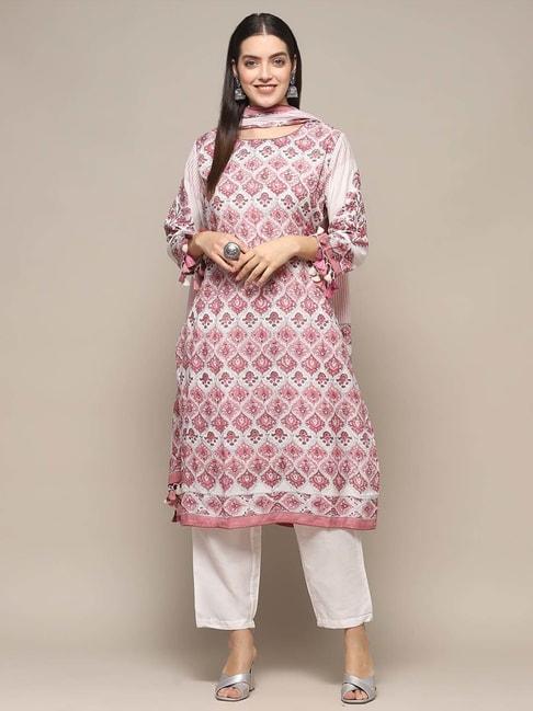 biba white & pink printed unstitched dress material