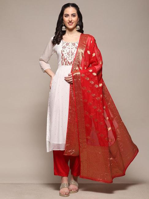 biba white & red cotton embroidered unstitched dress material