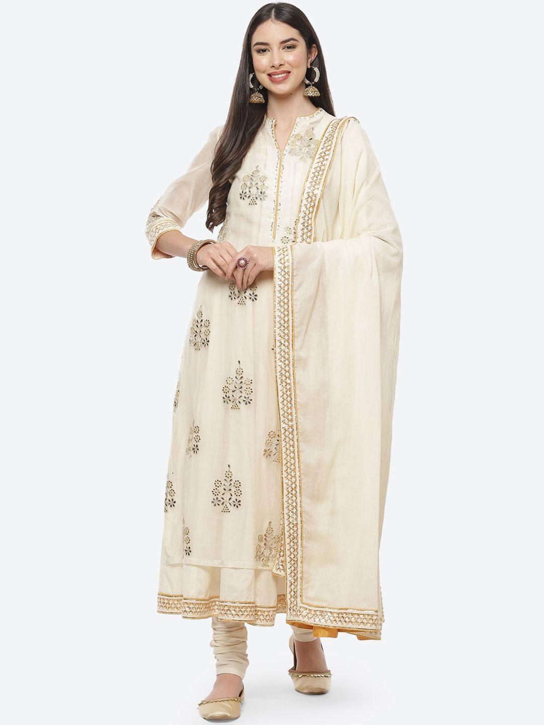 biba women beige floral printed kurta with churidar & with dupatta
