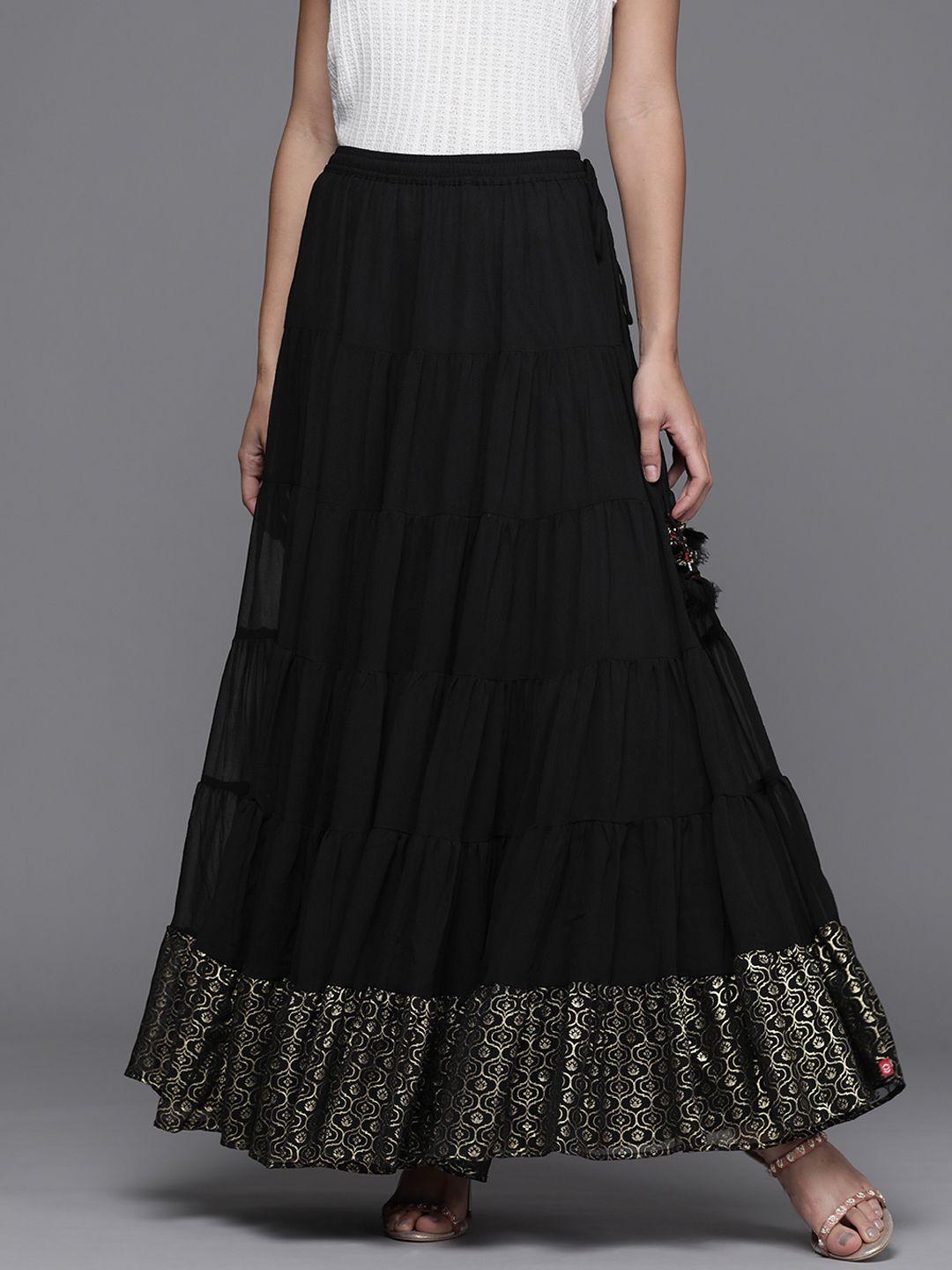 biba women black & golden solid maxi tiered skirt with printed detail