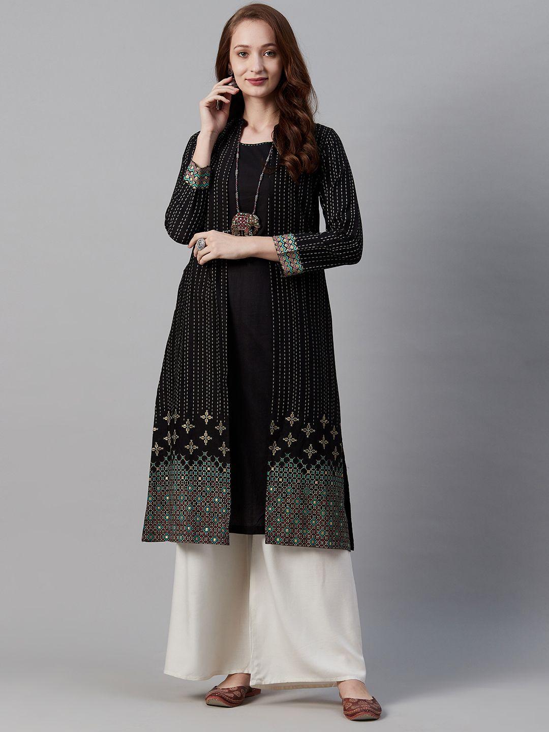 biba women black & off-white geometric print straight layered kurta with jacket