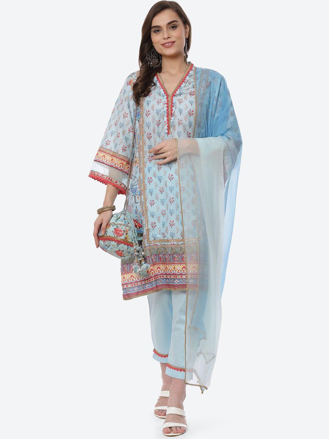 biba women blue ethnic motifs printed kurta with trousers & with dupatta