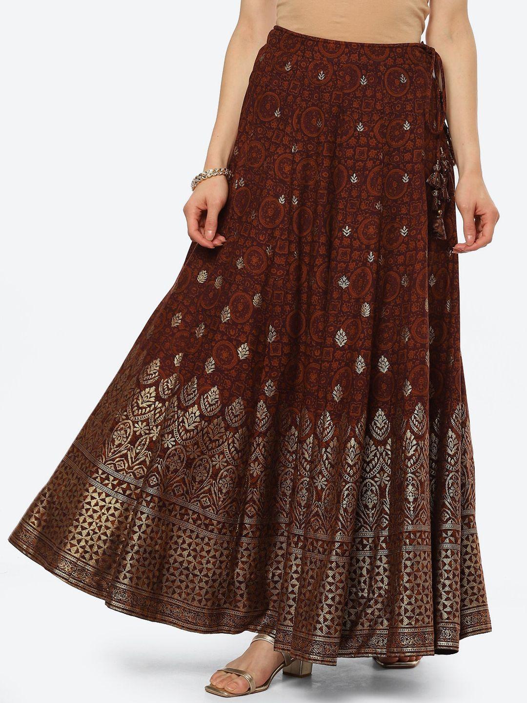 biba women brown & gold-toned ethnic motifs printed maxi skirt
