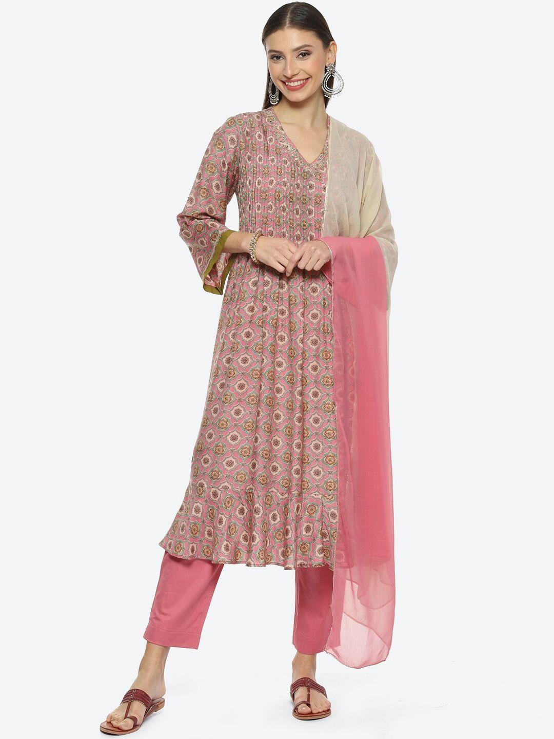 biba women ethnic motifs printed kurta with trousers & dupatta