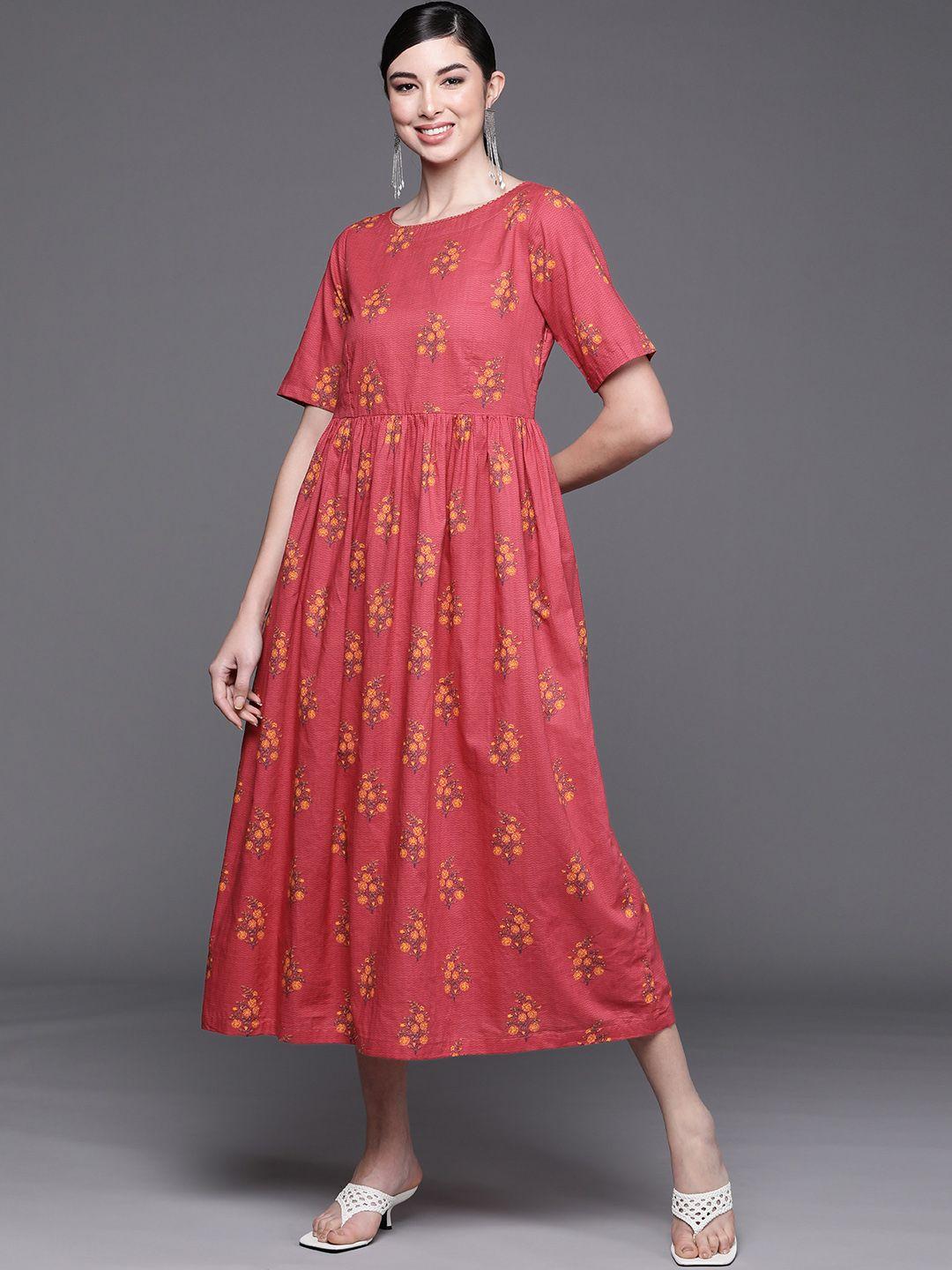 biba women fuchsia floral printed pure cotton a-line maxi dress