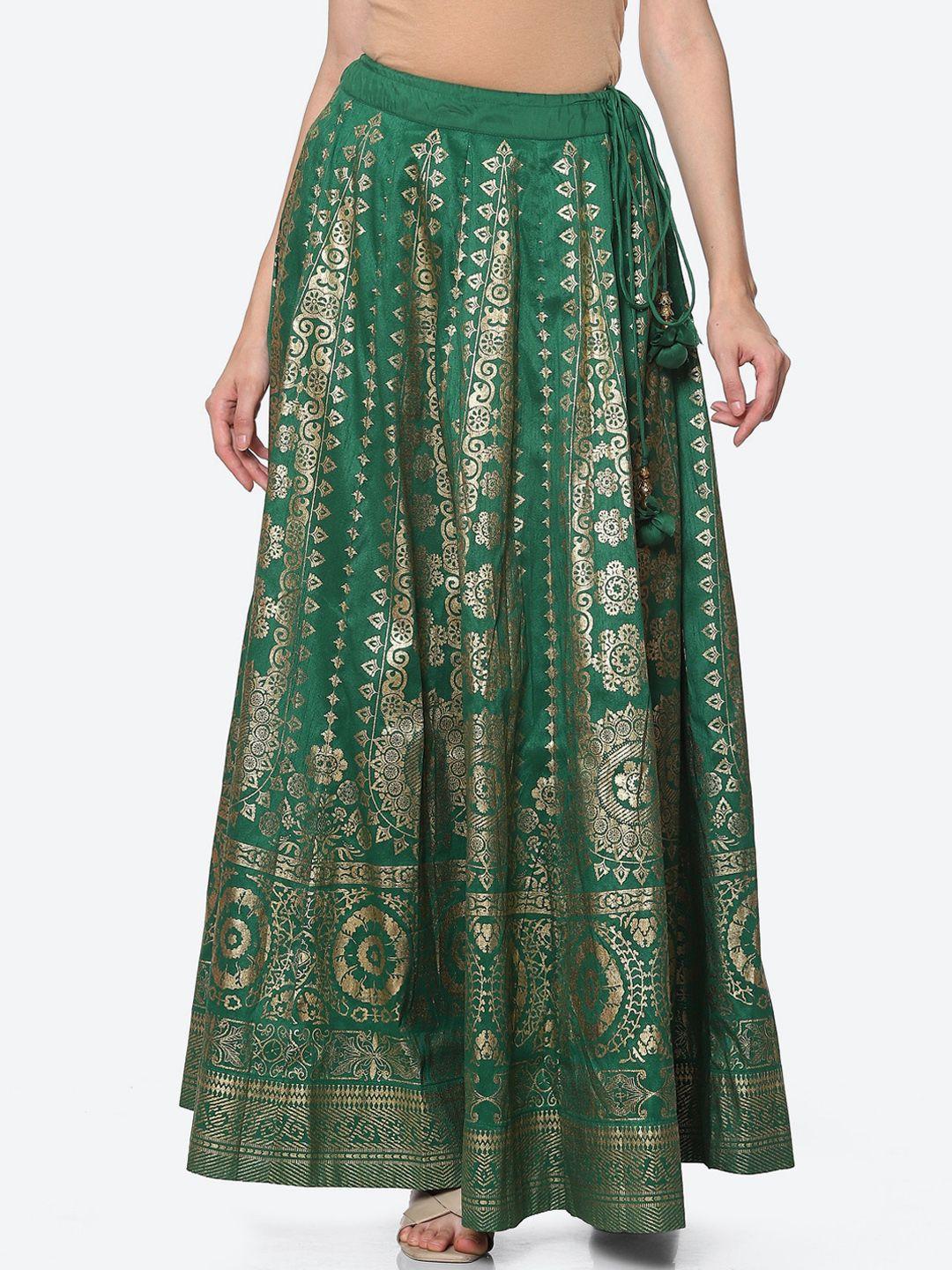 biba women green & golden embellished flared maxi skirt