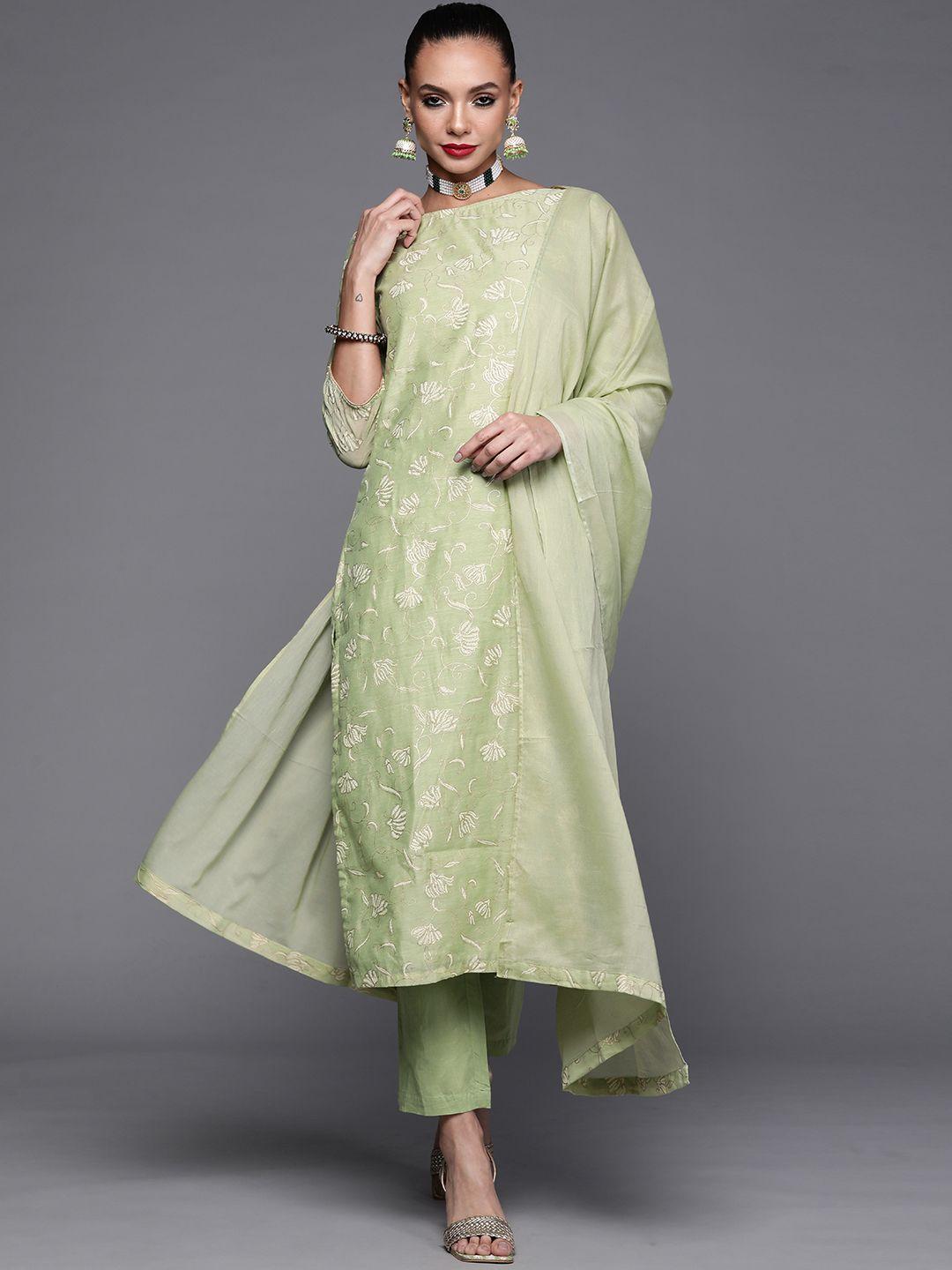 biba women green ethnic motifs embroidered kurta with trousers & with dupatta