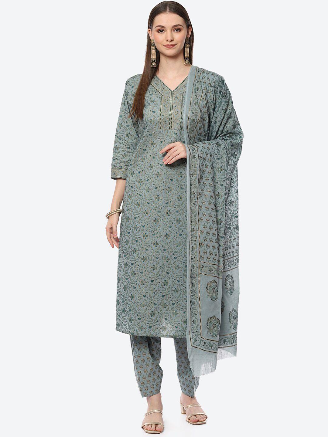 biba women grey & gold-toned printed cotton blend unstitched dress material